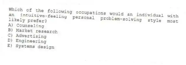 Which of the following occupations would an individual with an intuitive-feeling personal problem-solving style most likely prefer?
A) Counseling
B) Market research
C) Advertising
D) Engineering
E) Systems design