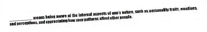 __________ means being aware of the internal aspects of one's nature, such as personality traits, emotions, and perceptions, and appreciating how your patterns affect other people.