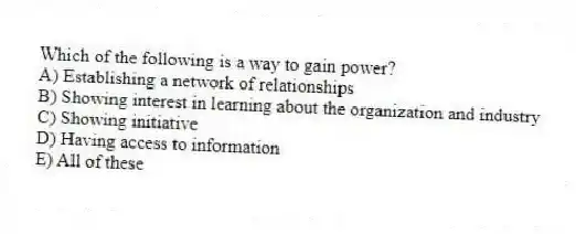 Which of the following is a way to gain power?
A) Establishing a network of relationships
B) Showing interest in learning about the organization and industry
C) Showing initiative
D) Having access to information
E) All of these