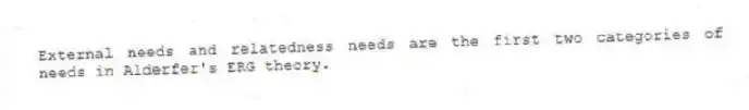 External needs and relatedness needs are the first two categories of needs in Alderfer's ERG theory.