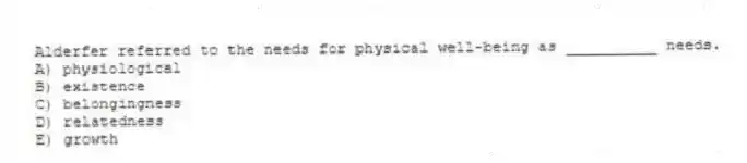 Alderfer referred to the needs for physical well-being as __________ needs.
A) physiological
B) existence
C) belongingness
D) relatedness
E) growth