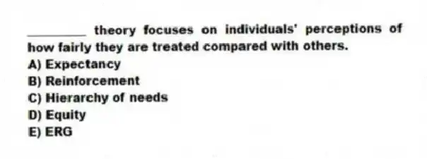 __________ theory focuses on individuals' perceptions of how fairly they are treated compared with others.
A) Expectancy
B) Reinforcement
C) Hierarchy of needs
D) Equity
E) ERG