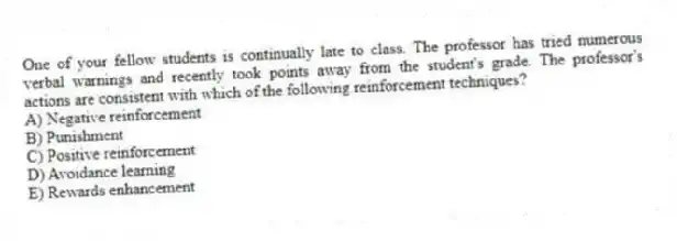 One of your fellow students is continually late to class. The professor has tried numerous verbal warnings and recently took points away from the student's grade. The professor's actions are consistent with which of the following reinforcement techniques?
A) Negative reinforcement
B) Punishment
C) Positive reinforcement
D) Avoidance learning
E) Rewards enhancement