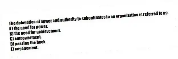 The delegation of power and authority to subordinates in an organization is referred to as:
A) the need for power.
B) the need for achievement.
C) empowerment.
D) passing the buck.
E) engagement.