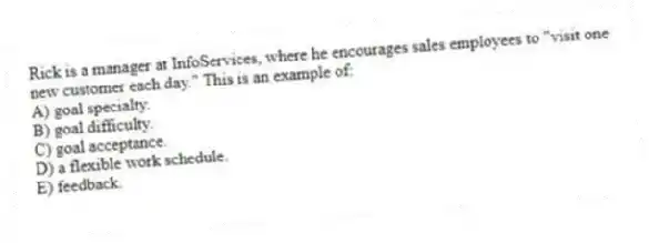 Rick is a manager at InfoServices, where he encourages sales employees to "visit one new customer each day." This is an example of:
A) goal specialty.
B) goal difficulty.
C) goal acceptance.
D) a flexible work schedule.
E) feedback.