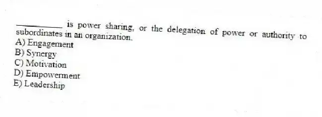 __________ is power sharing, or the delegation of power or authority to subordinates in an organization.
A) Engagement
B) Synergy
C) Motivation
D) Empowerment
E) Leadership