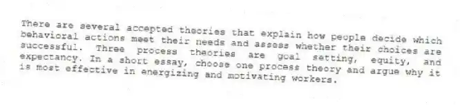 There are several accepted theories that explain how people decide which behavioral actions meet their needs and assess whether their choices are successful. Three process theories are goal setting, equity, and expectancy. In a short essay, choose one process theory and argue why it is most effective in energizing and motivating workers.