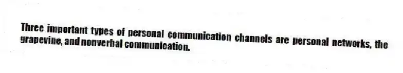 Three important types of personal communication channels are personal networks, the grapevine, and nonverbal communication.