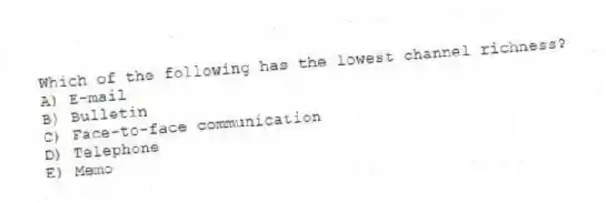 Which of the following has the lowest channel richness?
A) E-mail
B) Bulletin
C) Face-to-face communication
D) Telephone
E) Memo