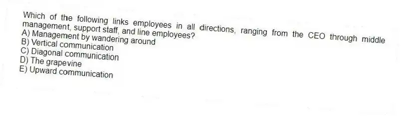 Which of the following links employees in all directions, ranging from the CEO through middle management, support staff, and line employees?
A) Management by wandering around
B) Vertical communication
C) Diagonal communication
D) The grapevine
E) Upward communication