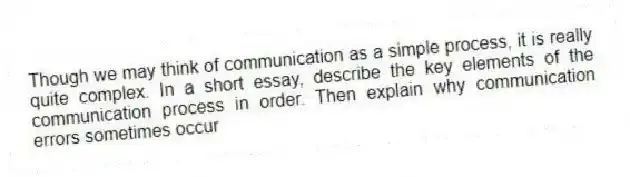 Though we may think of communication as a simple process, it is really quite complex. In a short essay, describe the key elements of the communication process in order. Then explain why communication errors sometimes occur
