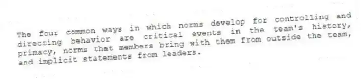 The four common ways in which norms develop for controlling and directing behavior are critical events in the team's history, primacy, norms that members bring with them from outside the team, and implicit statements from leaders.