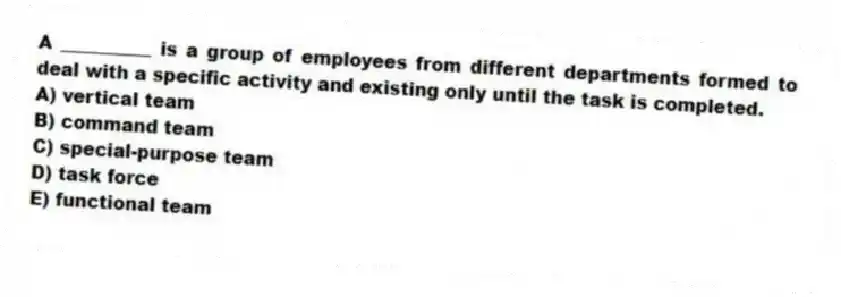 A __________ is a group of employees from different departments formed to deal with a specific activity and existing only until the task is completed.
A) vertical team
B) command team
C) special-purpose team
D) task force
E) functional team
