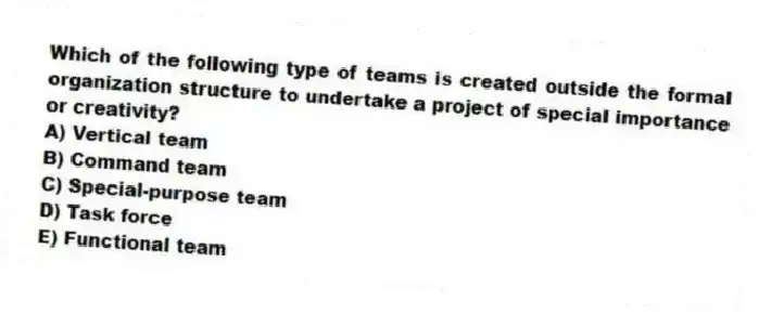 Which of the following type of teams is created outside the formal organization structure to undertake a project of special importance or creativity?
A) Vertical team
B) Command team
C) Special-purpose team
D) Task force
E) Functional team