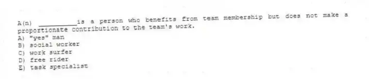 A(n) __________is a person who benefits from team membership but does not make a proportionate contribution to the team's work.
A) "yes" man
B) social worker
C) work surfer
D) free rider
E) task specialist