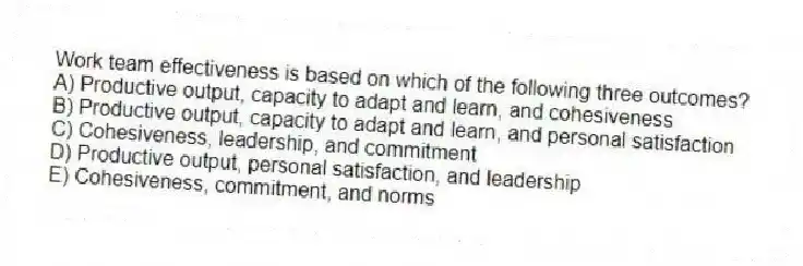 Work team effectiveness is based on which of the following three outcomes?
A) Productive output, capacity to adapt and learn, and cohesiveness
B) Productive output, capacity to adapt and learn, and personal satisfaction
C) Cohesiveness, leadership, and commitment
D) Productive output, personal satisfaction, and leadership
E) Cohesiveness, commitment, and norms
