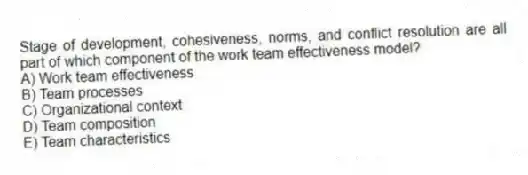 Stage of development, cohesiveness, norms, and conflict resolution are all part of which component of the work team effectiveness model?
A) Work team effectiveness
B) Team processes
C) Organizational context
D) Team composition
E) Team characteristics