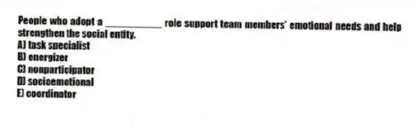 People who adopt a __________ role support team members' emotional needs and help strengthen the social entity.
A) task specialist
B) energizer
C) nonparticipator
D) socioemotional
E) coordinator