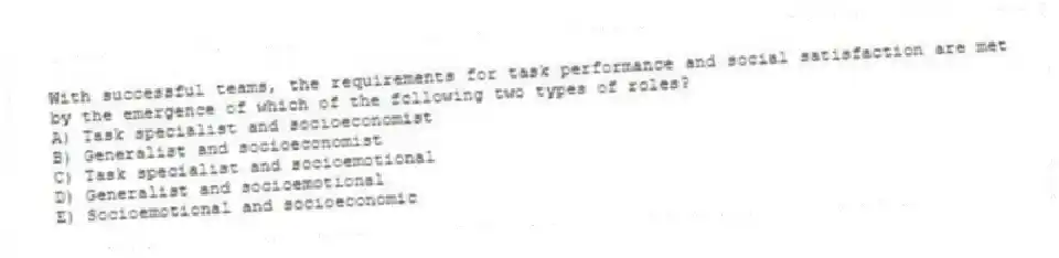 With successful teams, the requirements for task performance and social satisfaction are met by the emergence of which of the following two types of roles?
A) Task specialist and socioeconomist
B) Generalist and socioeconomist
C) Task specialist and socioemotional
D) Generalist and socioemotional
E) Socioemotional and socioeconomic