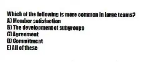 Which of the following is more common in large teams?
A) Member satisfaction
B) The development of subgroups
C) Agreement
D) Commitment
E) All of these