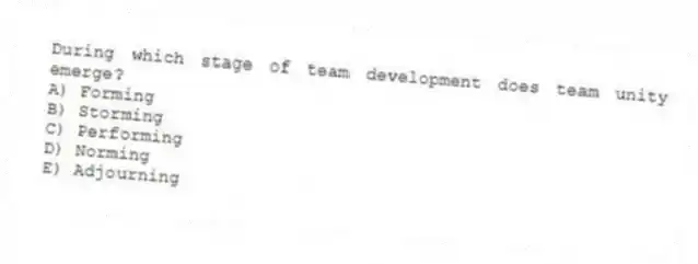 During which stage of team development does team unity emerge?
A) Forming
B) Storming
C) Performing
D) Norming
E) Adjourning