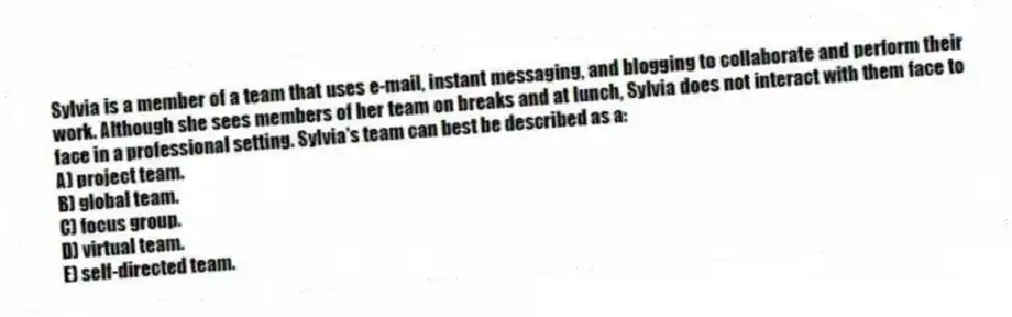 Sylvia is a member of a team that uses e-mail, instant messaging, and blogging to collaborate and perform their work. Although she sees members of her team on breaks and at lunch, Sylvia does not interact with them face to face in a professional setting. Sylvia's team can best be described as a:
A) project team.
B) global team.
C) focus group.
D) virtual team.
E) self-directed team.