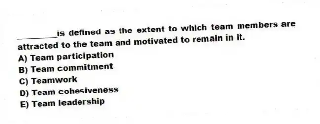 __________is defined as the extent to which team members are attracted to the team and motivated to remain in it.
A) Team participation
B) Team commitment
C) Teamwork
D) Team cohesiveness
E) Team leadership