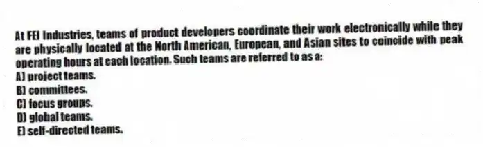 At FEI Industries, teams of product developers coordinate their work electronically while they are physically located at the North American, European, and Asian sites to coincide with peak operating hours at each location. Such teams are referred to as a:
A) project teams.
B) committees.
C) focus groups.
D) global teams.
E) self-directed teams.