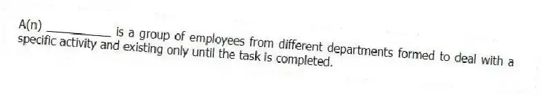 A(n) __________ is a group of employees from different departments formed to deal with a specific activity and existing only until the task is completed.