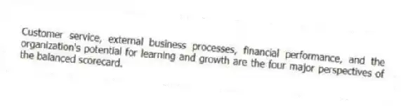 Customer service, external business processes, financial performance, and the organization's potential for learning and growth are the four major perspectives of the balanced scorecard.