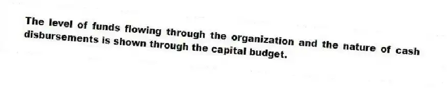 The level of funds flowing through the organization and the nature of cash disbursements is shown through the capital budget.
