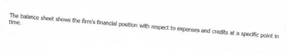 The balance sheet shows the firm's financial position with respect to expenses and credits at a specific point in time.