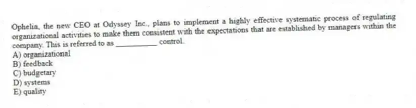 Ophelia, the new CEO at Odyssey Inc., plans to implement a highly effective systematic process of regulating organizational activities to make them consistent with the expectations that are established by managers within the company. This is referred to as __________ control.
A) organizational
B) feedback
C) budgetary
D) systems
E) quality
