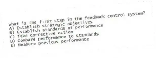 What is the first step in the feedback control system?
A) Establish strategic objectives
B) Establish standards of performance
C) Take corrective action
D) Compare performance to standards
E) Measure previous performance
