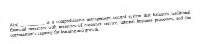 A(n) __________ is a comprehensive management control system that balances traditional financial measures with measures of customer service, internal business processes, and the organization's capacity for learning and growth.