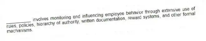 __________ involves monitoring and influencing employee behavior through extensive use of rules, policies, hierarchy of authority, written documentation, reward systems, and other formal mechanisms.