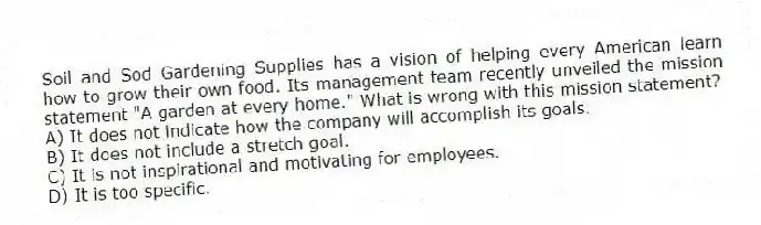 Soil and Sod Gardening Supplies has a vision of helping every American learn how to grow their own food. Its management team recently unveiled the mission statement "A garden at every home." What is wrong with this mission statement?
A) It does not indicate how the company will accomplish its goals.
B) It does not include a stretch goal.
C) It is not inspirational and motivating for employees.
D) It is too specific.