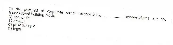 In the pyramid of corporate social responsibility, ________ responsibilities are the foundational building block.
A) economic
B) ethical
C) philanthropic
D) legal