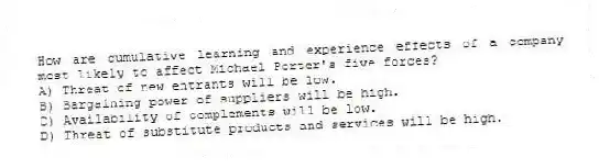 How are cumulative learning and experience effects of a company most likely to affect Michael Porter's five forces?
A) Threat of new entrants will be low.
B) Bargaining power of suppliers will be high.
C) Availability of complements will be low.
D) Threat of substitute products and services will be high.