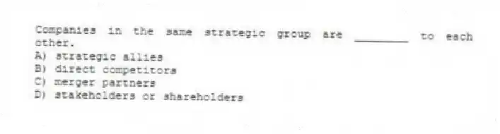 Companies in the same strategic group are ________ to each other.
A) strategic allies
B) direct competitors
C) merger partners
D) stakeholders or shareholders