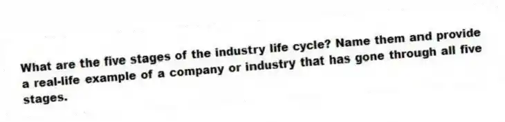 What are the five stages of the industry life cycle? Name them and provide a real-life example of a company or industry that has gone through all five stages.
