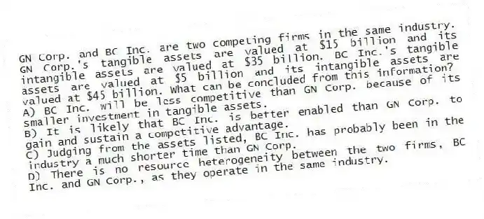 GN Corp. and BC Inc. are two competing firms in the same industry. GN Corp.'s tangible assets are valued at $15 billion and its intangible assets are valued at $35 billion. BC Inc.'s tangible assets are valued at $5 billion and its intangible assets are valued at $45 billion. What can be concluded from this information?
A) BC Inc. will be less competitive than GN Corp. because of its smaller investment in tangible assets.
B) It is likely that BC Inc. is better enabled than GN Corp. to gain and sustain a competitive advantage.
C) Judging from the assets listed, BC Inc. has probably been in the industry a much shorter time than GN Corp.
D) There is no resource heterogeneity between the two firms, BC Inc. and GN Corp., as they operate in the same industry.