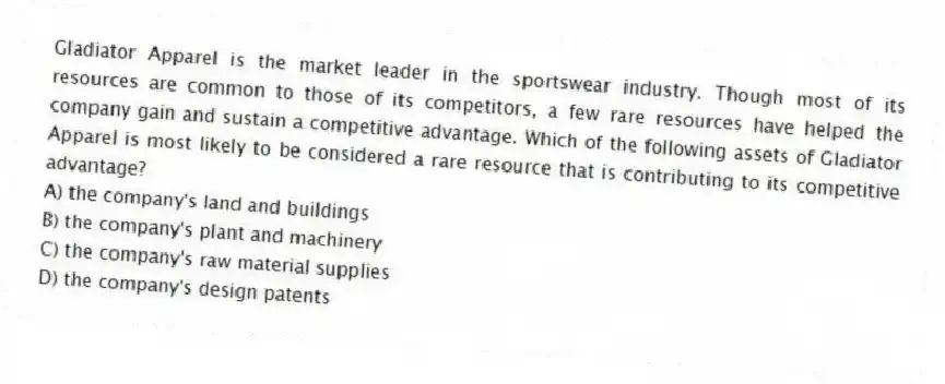 Gladiator Apparel is the market leader in the sportswear industry. Though most of its resources are common to those of its competitors, a few rare resources have helped the company gain and sustain a competitive advantage. Which of the following assets of Gladiator Apparel is most likely to be considered a rare resource that is contributing to its competitive advantage?
A) the company's land and buildings
B) the company's plant and machinery
C) the company's raw material supplies
D) the company's design patents