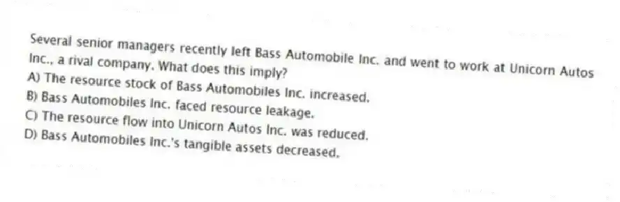 Several senior managers recently left Bass Automobile Inc. and went to work at Unicorn Autos Inc., a rival company. What does this imply?
A) The resource stock of Bass Automobiles Inc. increased.
B) Bass Automobiles Inc. faced resource leakage.
C) The resource flow into Unicorn Autos Inc. was reduced.
D) Bass Automobiles Inc.'s tangible assets decreased.