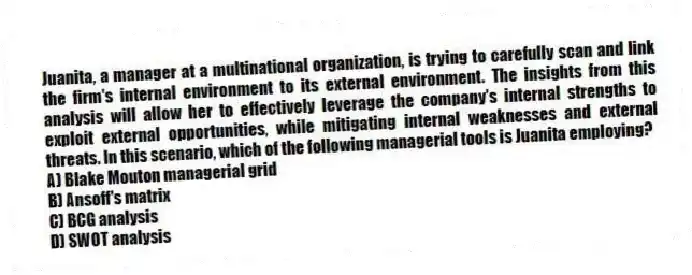 Juanita, a manager at a multinational organization, is trying to carefully scan and link the firm's internal environment to its external environment. The insights from this analysis will allow her to effectively leverage the company's internal strengths to exploit external opportunities, while mitigating internal weaknesses and external threats. In this scenario, which of the following managerial tools is Juanita employing?
A) Blake Mouton managerial grid
B) Ansoff's matrix
C) BCG analysis
D) SWOT analysis
