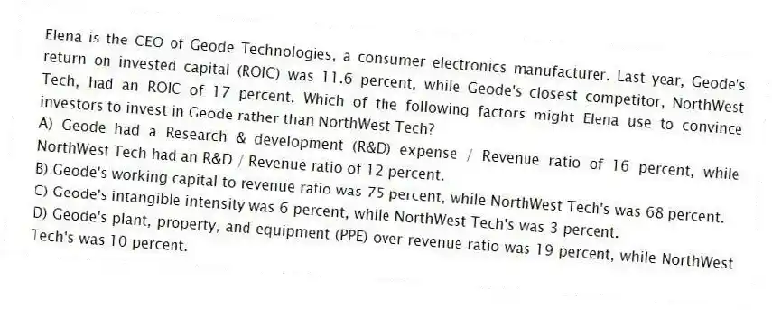 Elena is the CEO of Geode Technologies, a consumer electronics manufacturer. Last year, Geode's return on invested capital (ROIC) was 11.6 percent, while Geode's closest competitor, NorthWest Tech, had an ROIC of 17 percent. Which of the following factors might Elena use to convince investors to invest in Geode rather than NorthWest Tech?
A) Geode had a Research & development (R&D) expense / Revenue ratio of 16 percent, while NorthWest Tech had an R&D / Revenue ratio of 12 percent.
B) Geode's working capital to revenue ratio was 75 percent, while NorthWest Tech's was 68 percent.
C) Geode's intangible intensity was 6 percent, while NorthWest Tech's was 3 percent.
D) Geode's plant, property, and equipment (PPE) over revenue ratio was 19 percent, while NorthWest Tech's was 10 percent.