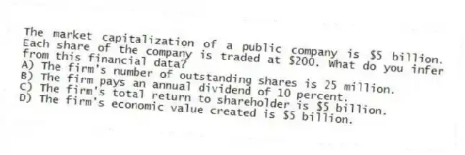 The market capitalization of a public company is $5 billion. Each share of the company is traded at $200. What do you infer from this financial data?
A) The firm's number of outstanding shares is 25 million.
B) The firm pays an annual dividend of 10 percent.
C) The firm's total return to shareholder is $5 billion.
D) The firm's economic value created is $5 billion.