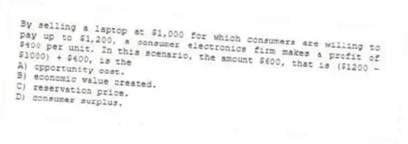 By selling a laptop at $1,000 for which consumers are willing to pay up to $1,200, a consumer electronics firm makes a profit of $400 per unit. In this scenario, the amount $600, that is ($1200 - $1000) + $400, is the
A) opportunity cost.
B) economic value created.
C) reservation price.
D) consumer surplus.