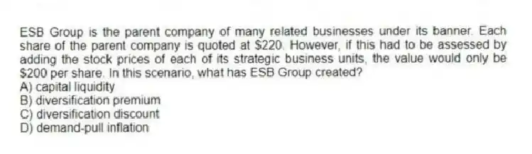 ESB Group is the parent company of many related businesses under its banner. Each share of the parent company is quoted at $220. However, if this had to be assessed by adding the stock prices of each of its strategic business units, the value would only be $200 per share. In this scenario, what has ESB Group created?
A) capital liquidity
B) diversification premium
C) diversification discount
D) demand-pull inflation