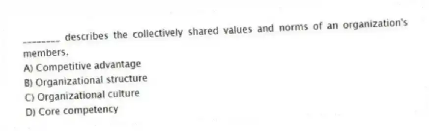 ________ describes the collectively shared values and norms of an organization's members.
A) Competitive advantage
B) Organizational structure
C) Organizational culture
D) Core competency
